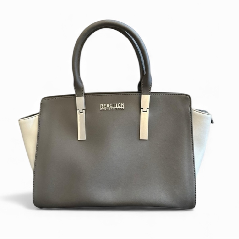 KENNETH COLE REACTION 2-Tone Grey & White Faux Leather Satchel Tote Bag Handbag